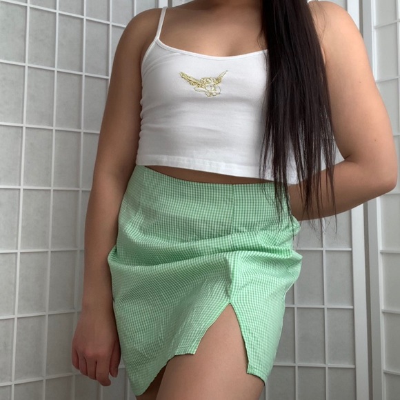 shein green gingham print side slit mini skirt - Picture 4 of 14